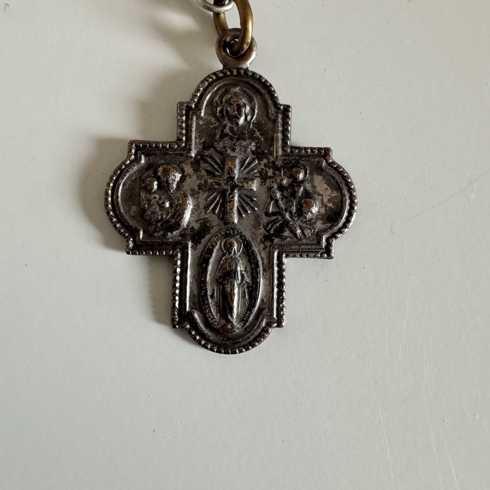 Vintage Catholic 4-Way Cross Medal Necklace St Christopher Joseph‎ Silver Tone